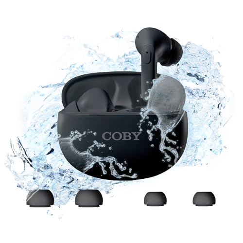 Coby Active Noise Cancelling Wireless Earbuds – Charging Case Included, 30db Noise Canceling, IPX7 Waterproof, Transparency Mode, Smart App with Location Tracking, Customizable EQ (Black)