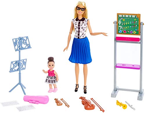 Barbie Music Teacher Doll, Blonde, and Playset with Flipping Chalkboard, Brunette Student Small Doll and 4 Musical Instruments, Career-Themed Toy for 3 to 7 Year Old Kids​​​