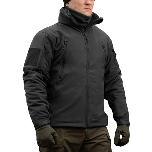 M-Tac Hooded Tactical Jacket Fleece Lined - Water Resistant Softshell Jacket Men (L, Black)