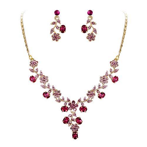EVER FAITH Wedding Jewelry for Bride, Austrian Crystal Cluster Flower Leaf Bridal Pendant Necklace Earrings Set Pink Gold-Tone