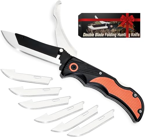 LANCERGEAR Hunting Knife, Skinning Knife, Outdoor Pocket knives with Replaceable 3.5'' Blades, Deer knife, Folding Double-Blade, Edge Camouflage Sheath