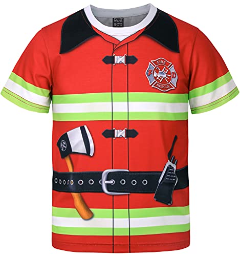 Funny World Boys Firefighter Shirt Fireman Uniform Tee Halloween Shirts for Boy, Large, Red