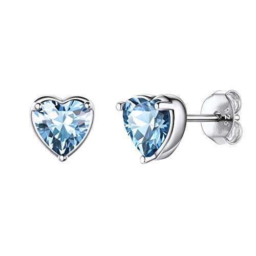 ChicSilver Hypoallergenic 925 Sterling Silver Heart Earrings, Crystal March Birthstone Aquamarine Earrings, Gem Stone Light Blue Earrings for Women Sensitive Ears