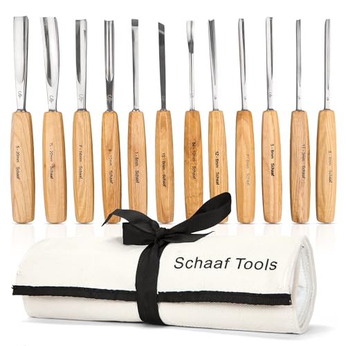 Schaaf Wood Carving Tools Set of 12 Chisels with Canvas Case | Wood Chisels for Woodworking | Wood Working Tools and Accessories | Wood Carving Chisels | Razor Sharp CR-V 60 Steel Blades | Wood Chisel