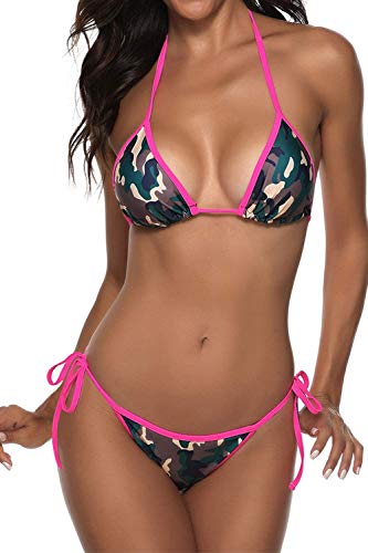 Women Two Piece Bikini Swimsuit Camouflage Swimwear Halter String Triangle Bikini Set camo S