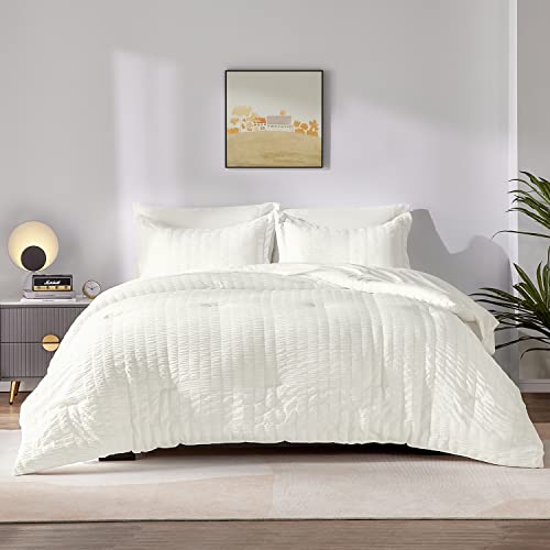 CozyLux King Seersucker Comforter Set with Sheets Ivory Bed in a Bag 7-Pieces All Season Bedding Sets with Comforter, Pillow Sham, Flat Sheet, Fitted Sheet, Pillowcase