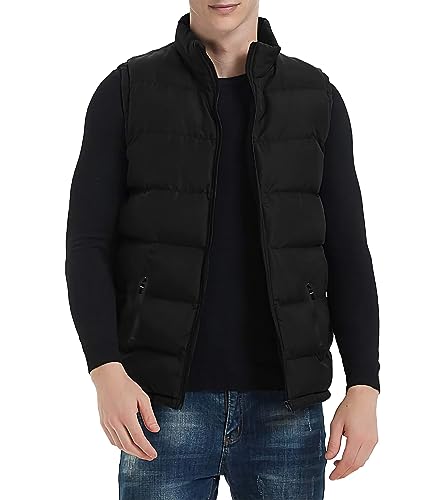 TUVEKE Black Men's Puffer Vest Sleeveless Zipper Quilted Sport Mens Outdoor Outerwear Down Puffy Vests Lightweight Big And Tall Solid Vest Winter Warm XL