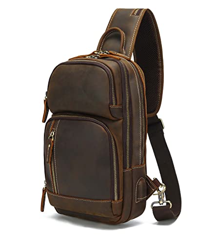 LANNSYNE Small Vintage Leather Sling Bag For Men Crossbody Chest Daypack fits 10.5' iPad