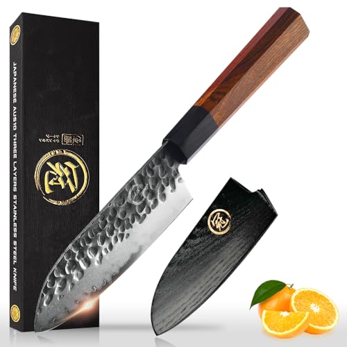 GRAND SHARP 5 inch Japanese Santoku Chef Knife, AUS10 3-layer High Carbon Stainless Steel Kitchen Cooking Knife, Professional Hand Forged Chef's Knives (Rosewood Handle & Gift Box& Sheath)