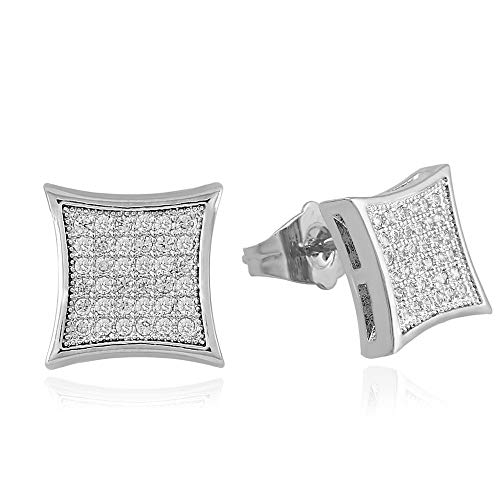 LuReen Mens Earring Silver Gold 11mm Square CZ Stud Earring for Men