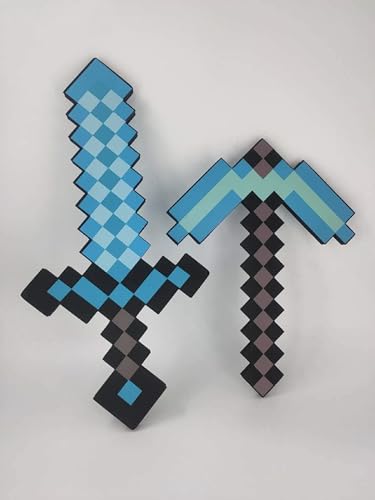 Set of 2 Diamond Chop Pickaxe Axe & Sword Combo Blue Foam for Cosplay Event, Halloween
