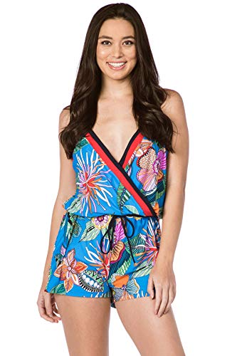 Trina Turk Women's Standard Tie V-Front Romper, Tahiti Tropical/Pacific Blue, XS