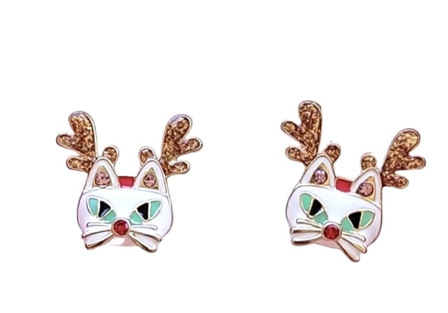 Betsey Johnson Womens Reindeer White Cat Stud Earrings