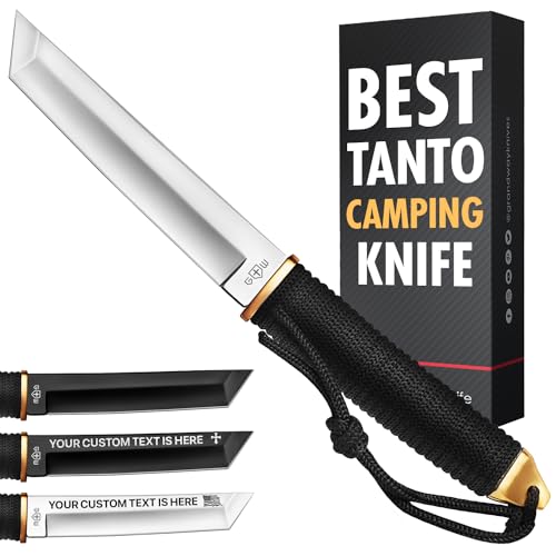 Tanto Camping Knife with Sheath – 3+ Colors – 5.9' Fixed Full Tang Mirror Polished Blade – Cool Survival Knives with Black Paracord Handle – Tactical Work Knives for Hunting Hiking EDC 2307 Silver