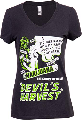 Devil's Harvest (1942 Poster) | Funny Absurd Vintage Drug War Marijuana Weed Pot Propaganda Women's V-Neck T-Shirt -(Vneck,S) Black Heather