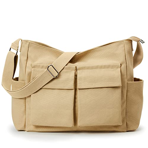 KALIDI Canvas Tote Bag, Messenger Bag with Pockets, Large Crossbody Bag for Women or Men, Casual Canvas Shoulder Bag for College Work Travel Daily, Khaki