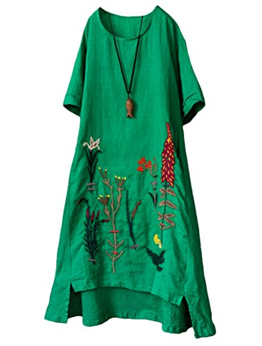 Minibee Women's Embroidered Linen Dress Summer A-Line Sundress Hi Low Tunic Clothing Green 2XL