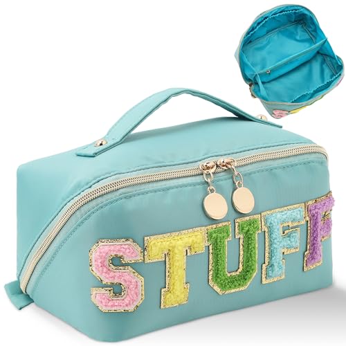 LONEDREAM Stoney Clover Preppy Makeup Bag, Large Capacity Travel Cosmetic Bag, Chenille Letter Open Flat Nylon Bag, Mint