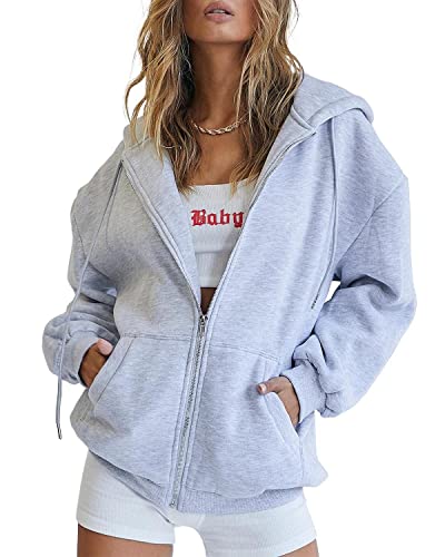 EFAN Oversized Sweatshirt Women 2023 Fall Fleece Jacket Cute Hoodies Pullover Hooded Tops Teen Girl Casual Loose Fit Zip Up Y2k Trendy Fashion Winter Gym Clothes Outfits Grey