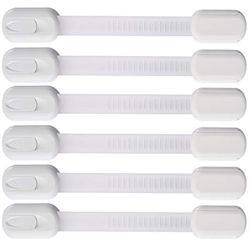 6 Pack Vmaisi Multi-Use Adhesive Straps Locks - Childproofing Baby Proofing Cabinet Latches for Drawers, Fridge, Dishwasher, Toilet Seat, Cupboard, Oven,Trash Can, No Drilling (White) (6)