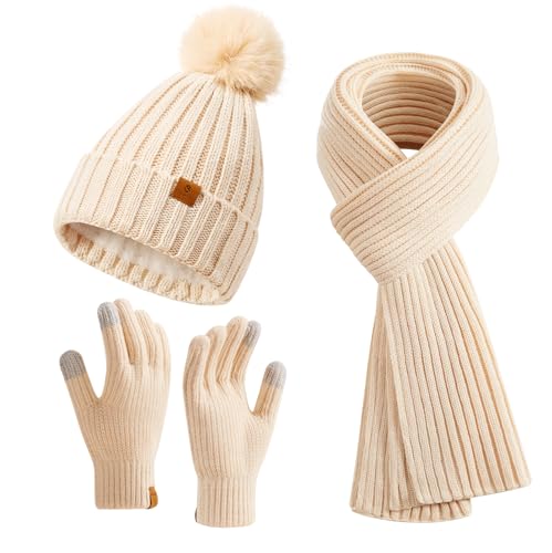 Coolprince Winter Beanie Hat Scarf Gloves Set for Women with Fleece Lined Womens Beanie with Pom Pom Long Scarf Touchscreen Gloves Skull Caps Neck Warmer Apricot