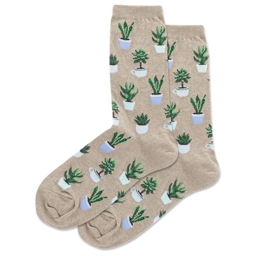 Hot Sox Women's Fun Nature & Outdoors Crew Socks-1 Pair Pack-Cute & Funny Gifts, Potted Succulents (Hemp Heather), 4-10