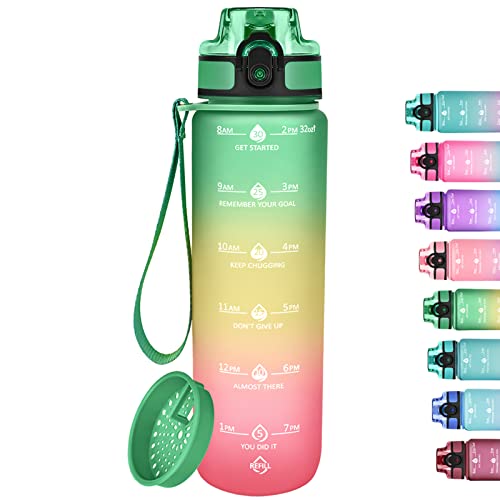 GOSWAG 32oz Motivational Water Bottle with Time Marker, Fruit Strainer, Sports Times to Drink, Leakproof & BPA Free, Reusable Plastic with Strap for Gym & School, no Straw.