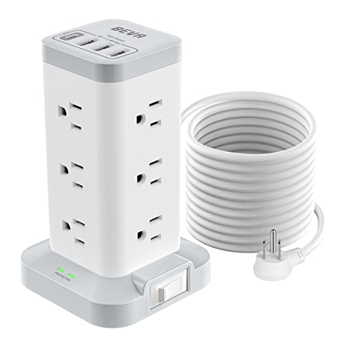 BEVA Power Strip Tower with USB Ports, 16 in 1 Surge Protector Tower, 12 AC and 4USB Ports, 10 FT Extension Cord with Multiple Outlets, Power Tower Charging Station for Office Supplies（White）