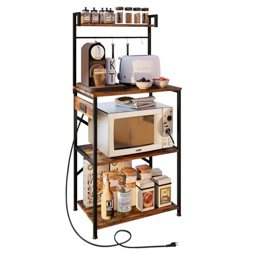 OIRBOEUS Bakers Rack with Power Outlet，Microwave Stand with Storage 5-Tiers,Coffee Bar Station,Microwave Rack，Kitchen Storage Shelf Rack,Rustic Brown