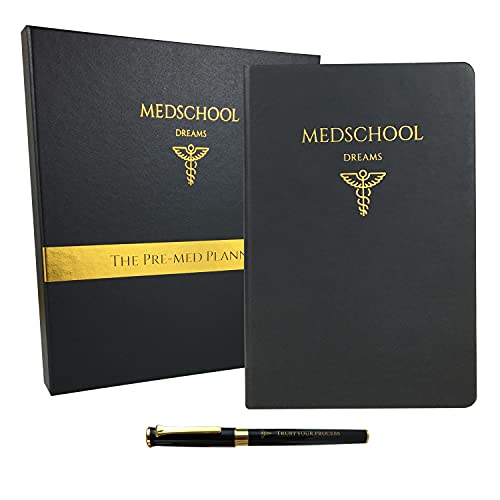 MedSchool Dreams Pre-Med Planner - Guided Journal for Pre-Medical Students - Leather Cover Goal Planner, Ball Point Pen, Gift Box - Increase Your Chances Of Entering Medical School - Black/Gold