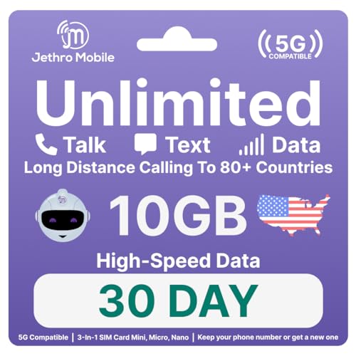 ﻿Jethro Mobile Prepaid USA Sim Card, 10GB High-Speed Data, Unlimited Talk, & Text, International Calling (30 Days)
