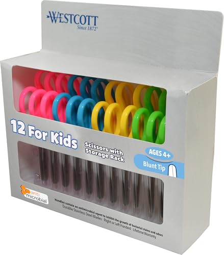 Westcott 14871 Right- and Left-Handed Scissors, Kids' Scissors, Ages 4-8, 5-Inch Blunt Tip, Assorted, 12 Pack