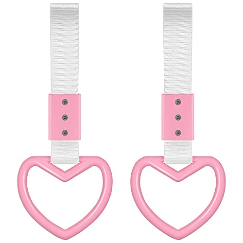 2 Pieces Rings Heart Shaped Car Handle Straps Drift Charm Rear Bumper Warning Ring Decor Subway Bus Broken Heart Handle for Car Interior(Pink with Silver Rope)