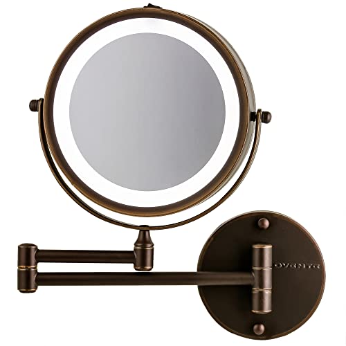 OVENTE 6.8' Lighted Wall Mount Makeup Mirror, 1X & 10X Magnifier, Adjustable Double Sided Round LED, Extend, Retractable & Folding Arm, Compact & Cordless, Battery Powered Antique Bronze MFW70ABZ1X10X