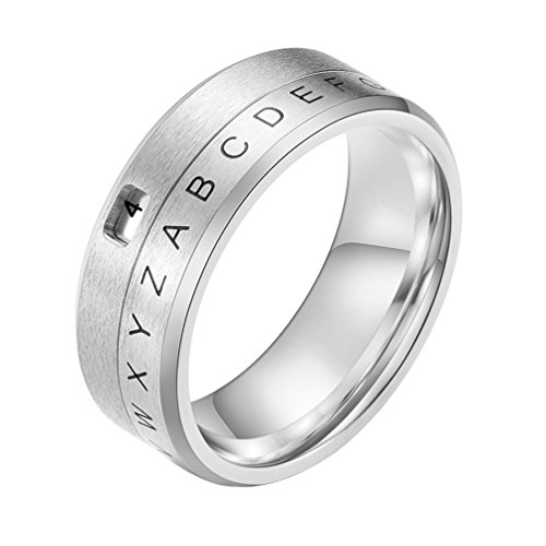 INRENG 8mm Men's Women's Stainless Steel Spinner Ring Alphabet Number Band Decoder Design Jewelry Silver Size 6