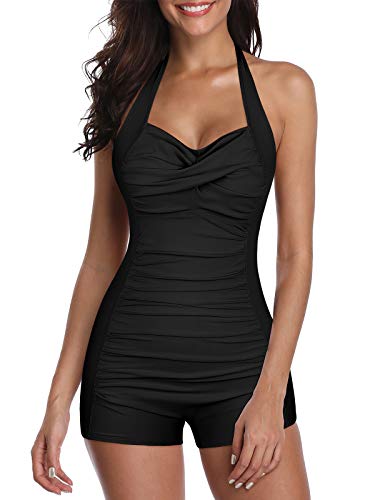 Century Star Women's Retro Halter Top Vintage Inspired Boy-Leg One Piece Ruched Monokinis Swimsuit Bathing Suits A Sexy Black 4-6
