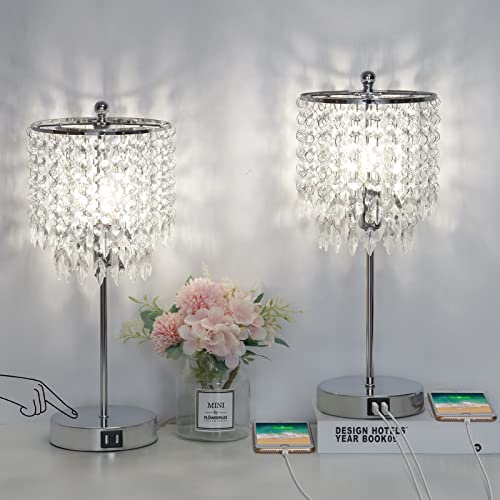 Boncoo Crystal Touch Lamp, 3-Way Dimmable Crystal Table Lamp Set of 2 Touch Control, Bedroom Lamps with 2 USB Charging Ports, Bedside Lamps with Elegant Shade Living Room, 4W Led Bulb Included