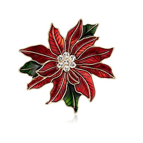 RareLove Red Christmas Poinsettia Brooch, Red Flower Green Leafs Poinsettia Flower CZ Rhinestone Crystal Christmas Brooch Pins and Brooches for Women Girls Silver Plated Alloy,Holiday Brooch Jewelry
