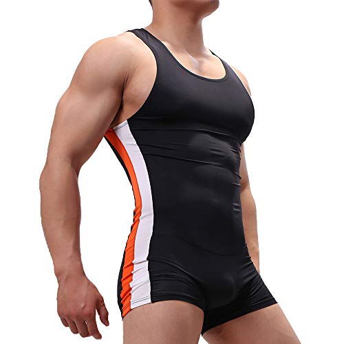 SPNSSTCR Men Bodysuit Sports Gym Athletic Supporters Undershirts Boxers Wrestling Singlets Jumpsuits Leotard (Black, Medium)