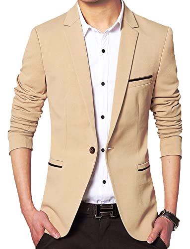 DAVID.ANN Men's Slim Fit Suits Casual One Button Flap Pockets Solid Blazer Jacket,Khaki,Large
