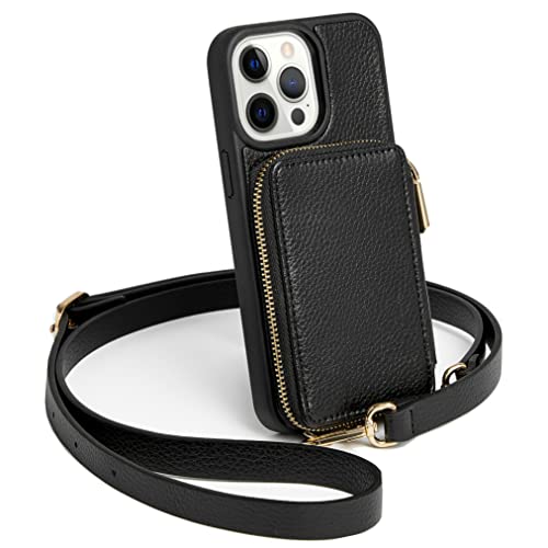 ZVE iPhone 12 Pro/iPhone 12 Zipper Wallet Case for Women, Crossbody Phone Case with RFID Blocking Credit Card Holder Wrist Strap, Purse Cover Gift for iPhone 12 Pro/iPhone 12（6.1 inch）-Black