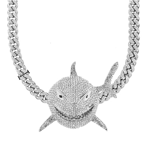 Xikui Diamond Necklace Chain, 18K Gold Plated Hip Hop Shark Pendant with Cuban Chain Width 13MM Length 19.7in(50cm) for Men/Women(silver)
