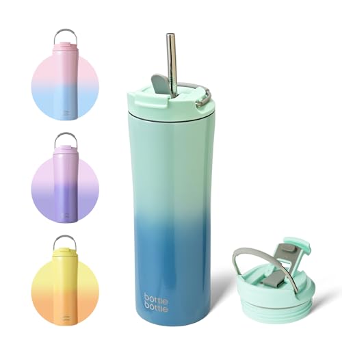 BOTTLE BOTTLE Insulated Coffee Tumblers with Dual-use Lid and Straw Double Walled Iced Travel Coffee Mug for Woman and Man 18 oz Stainless Steel Tumbler with Handle(Green Blue