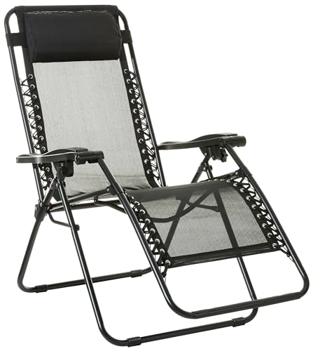 Amazon Basics Outdoor Textilene Adjustable Zero Gravity Folding Reclining Lounge Chair with Pillow, 26', Black