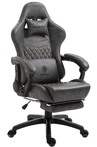 Dowinx Gaming Office, PC with Massage Lumbar Support, Vintage Style PU Leather High Back Adjustable Swivel Task Chair with Footrest (Light Grey)