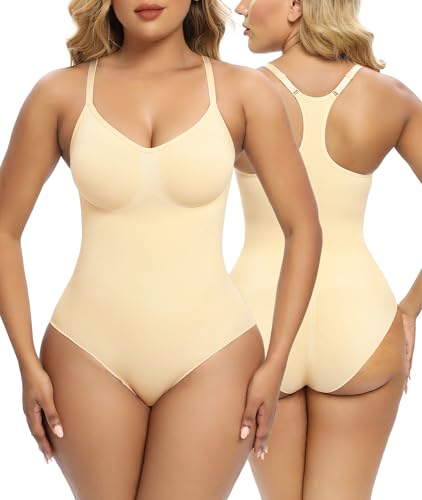 SHAPERX Bodysuit for Women Tummy Control Shapewear Racerback Seamless Sculpting Body Shaper Tank Top,SZ5305-Beige-L/XL