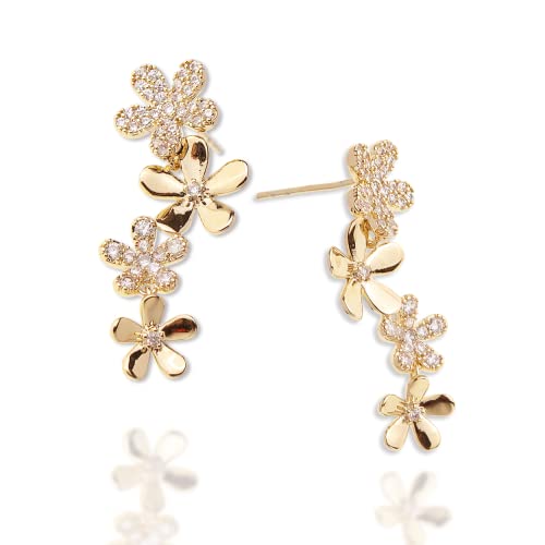 Sonateomber Small Flower Drop Dangle Earrings for Women Girls - Cute Sparkly Rhinestone Zirconia CZ Gold Cascading Daisy Floral Earingd Piercing Hypoallergenic Stud Fashion Jewelry Gift