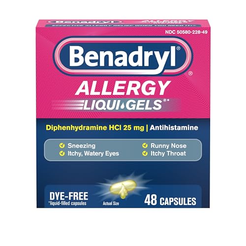 Benadryl Liqui-Gels Antihistamine Allergy Medicine & Cold Symptom Relief, Dye-Free Liquid Gels with 25 mg of Diphenhydramine HCl for Symptoms Such As, Runny Nose, Sneezing & More, 48 ct
