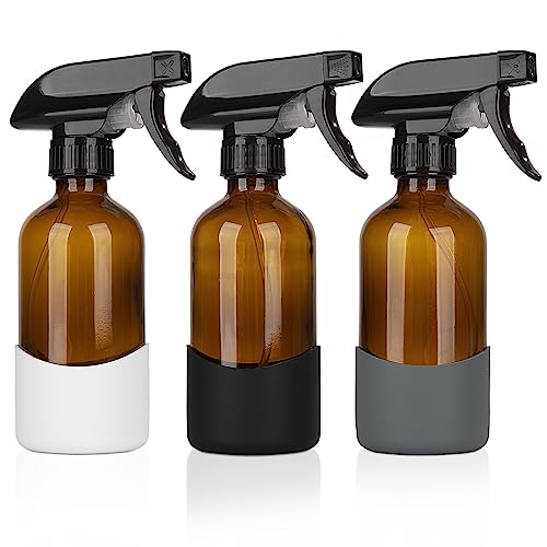 HOMBYS 8 Oz Empty Amber Glass Spray Bottles with Silicone Sleeve Protection Refillable Containers for Cleaning Solutions, Essential Oils, Misting Plants - Quality Sprayer - 3 Pack Boston Bottles