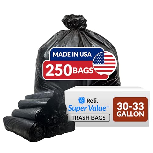 Reli. 30-33 Gallon Trash Bags Heavy Duty | 250 Bags Bulk | Black Large Trash Bags 30+, 32 Gallon | Made in USA